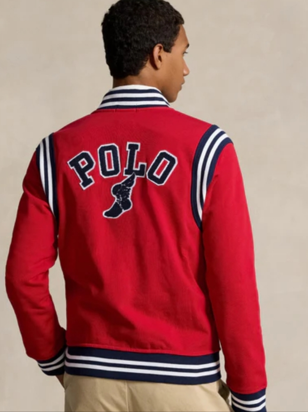 Polo Ralph Lauren Men's Red/Navy P-Wing Fleece Button Snap Varsity Jacket